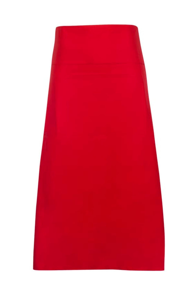 A long waist apron in bright red, made of 100% cotton canvas, featuring a plain design and a logo.