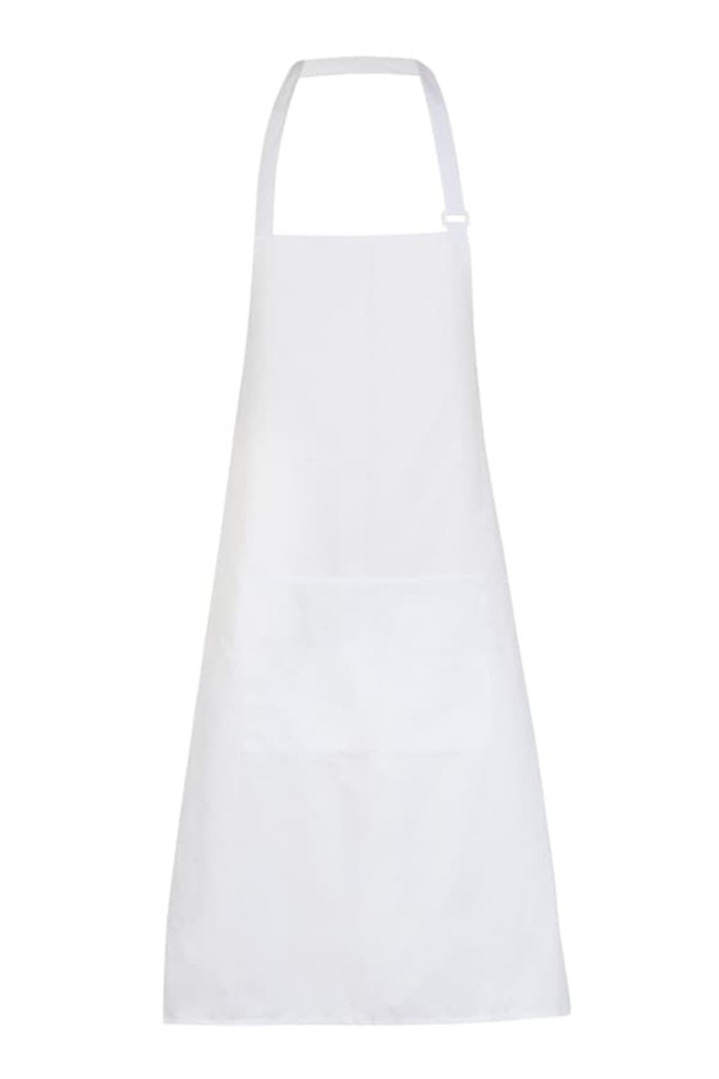A white full-bib apron made of 100% cotton canvas, featuring a front pocket and adjustable straps.