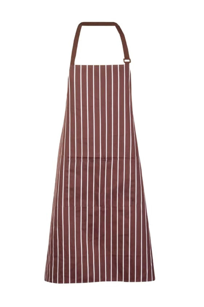 A full bib apron featuring brown and white stripes with a neck strap and an adjustable design.