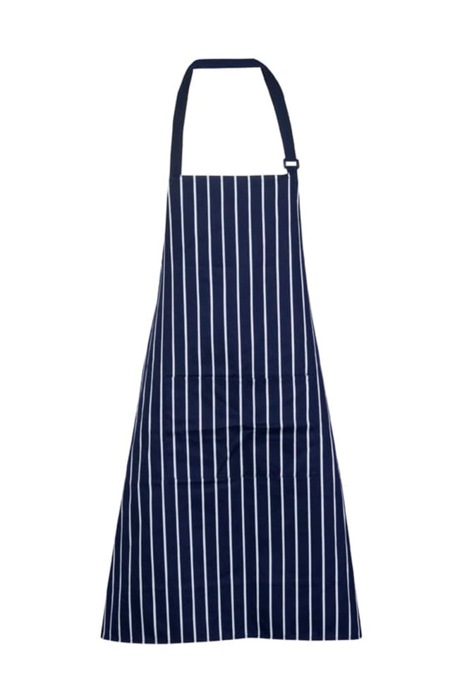 A navy and white striped full bib apron with an adjustable neck strap and a front pocket.