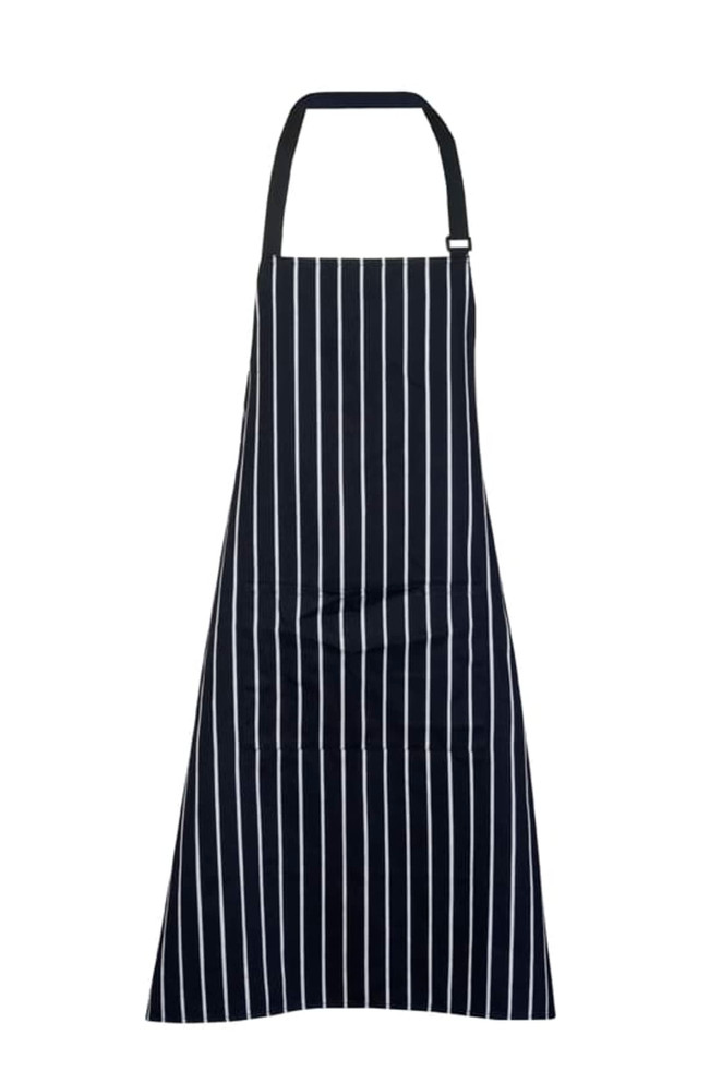 A striped full bib apron in black and white with an adjustable neck strap and a logo.