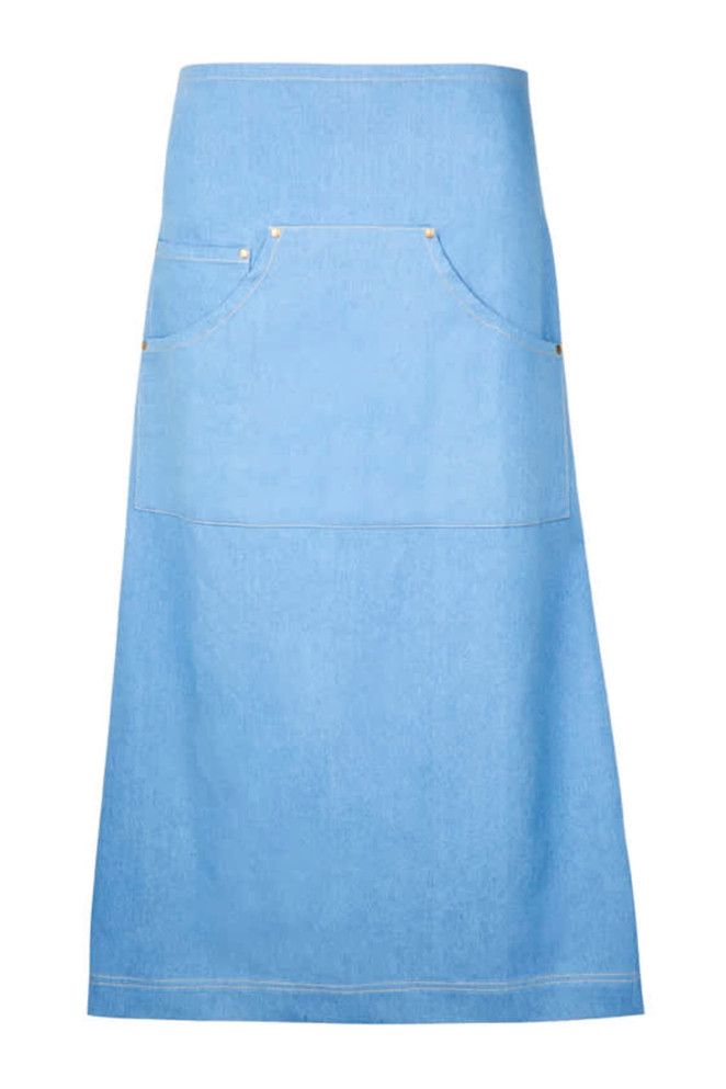 A light blue denim apron with a long design featuring a large front pocket and a logo.