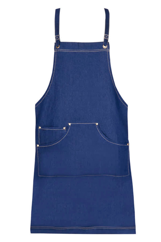 A full body denim apron in dark blue with front pockets and adjustable straps. It features a logo.