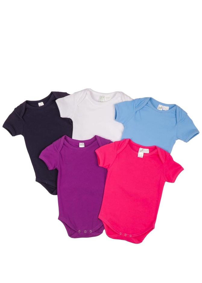 A purple baby short sleeve romper with a snap bottom and a logo on the tag.