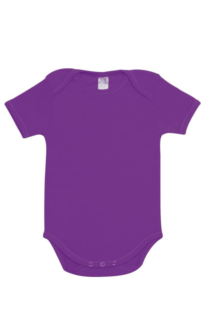 A purple baby short sleeve romper with a snap bottom and a logo on the tag.