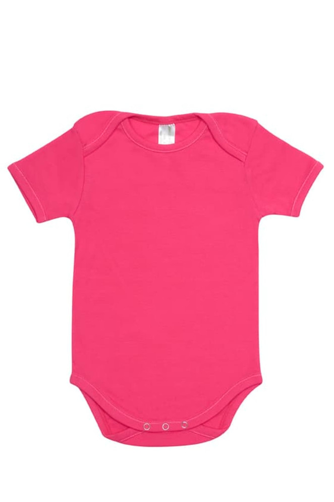 A pink baby short sleeve romper with a rounded neckline and snap closures at the bottom. It has a tag inside.