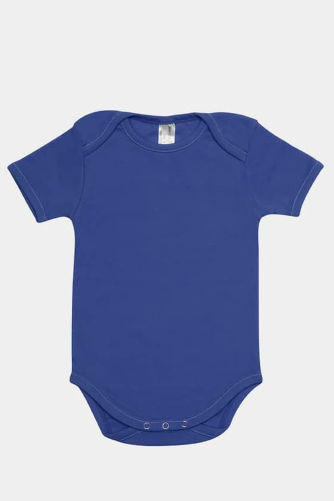 A navy blue baby short sleeve romper features a round neckline and snap fastenings at the bottom. It has a logo.
