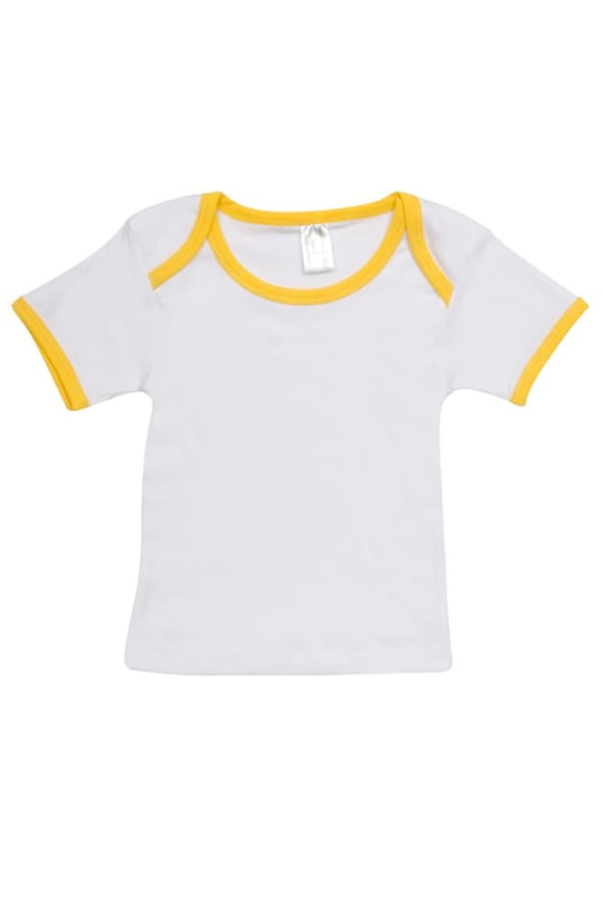 A Baby Short Sleeve Tee in white with yellow trim. It features a round neck and has a small logo.