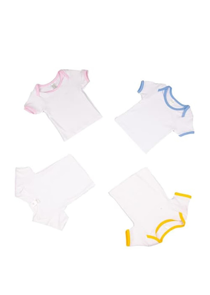 Four baby short sleeve tees in white, featuring pink, blue, and yellow trim. Each has a different collar style and includes logos.