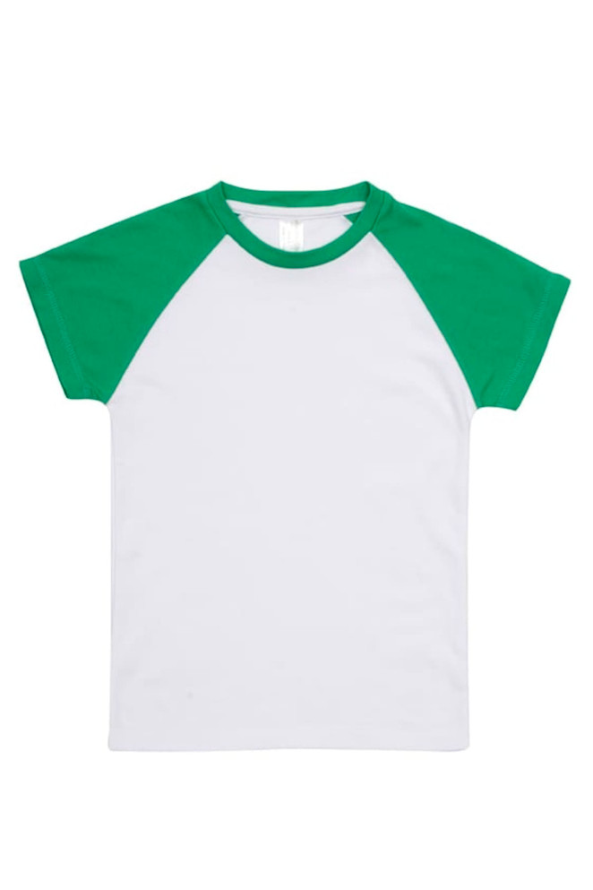A raglan T-shirt with white body and green sleeves. It has a logo on the collar area.