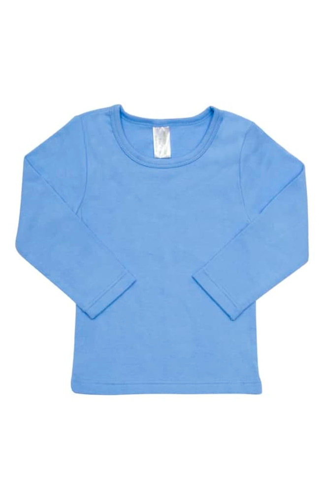 A blue long-sleeve T-shirt for babies with a round neckline and long sleeves. It features a tag inside.