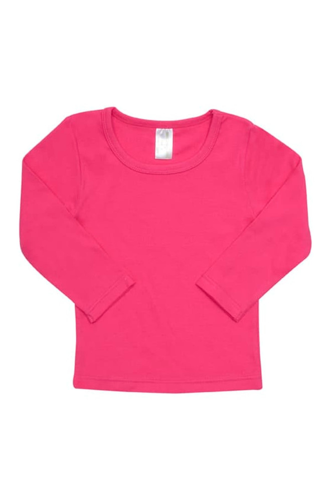 A pink long-sleeve T-shirt for babies, featuring a simple design and a label tag.