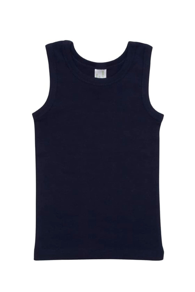 A navy blue baby singlet with no sleeves and a plain design, featuring a label inside.
