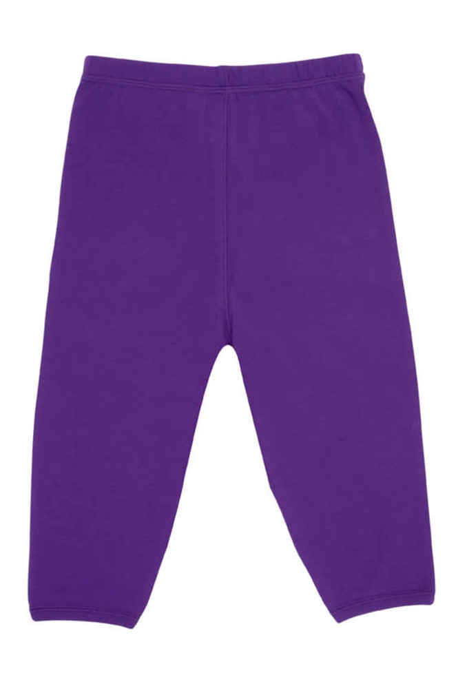 Purple baby pants featuring an elastic waistband, with a soft and smooth fabric. Includes a logo on the waistband.