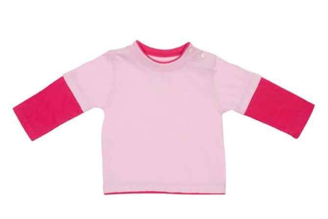 A pink and white kid's double sleeve T-shirt with long sleeves and a snap button at the shoulder.