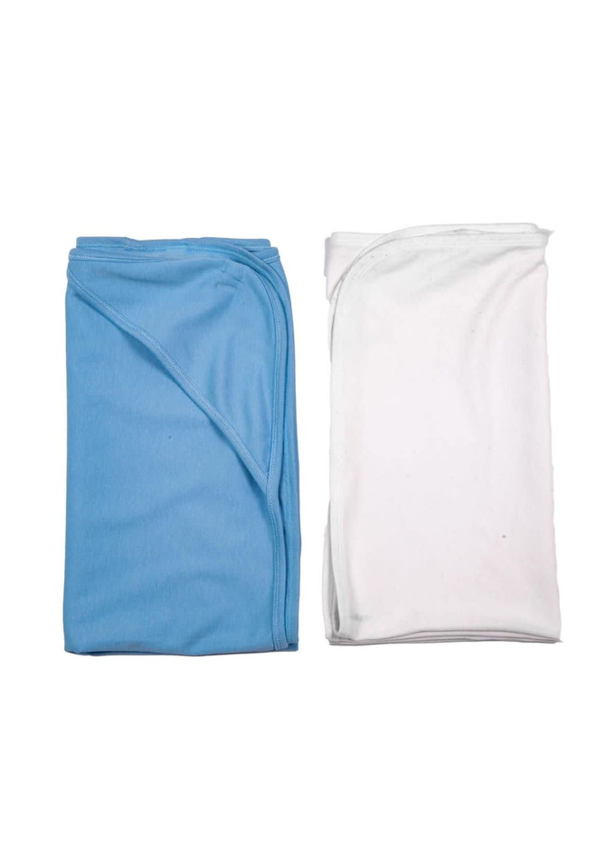 Two folded baby blankets, one in soft blue and the other in white, neatly arranged side by side. Each has a simple design and a logo.