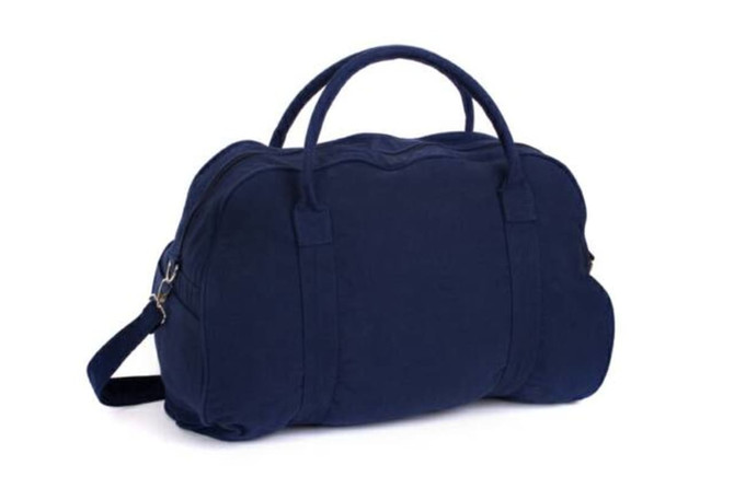 A navy blue duffle bag with sturdy handles and a removable shoulder strap. Includes a logo on the side.