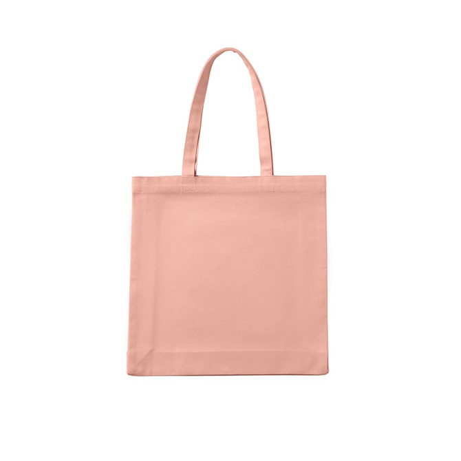 A pink tote bag with long handles and a plain design, featuring a logo.