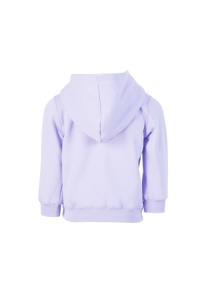 A baby fleece hoodie in soft lilac with a hood and long sleeves, featuring a simple design.
