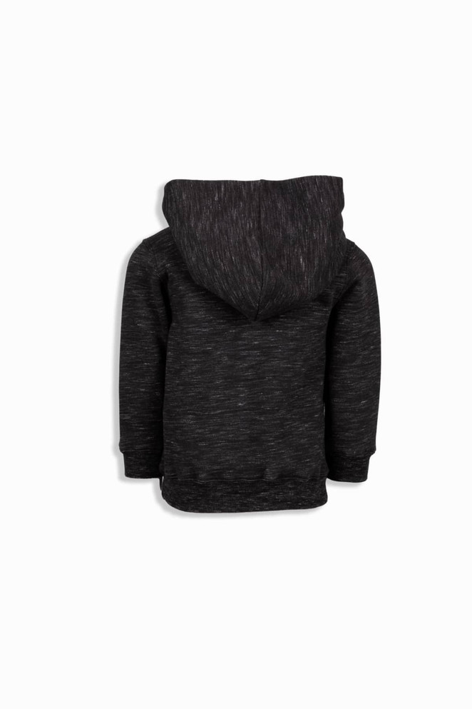 A baby fleece hoodie in black with a hood, featuring a textured fabric design and no visible branding.