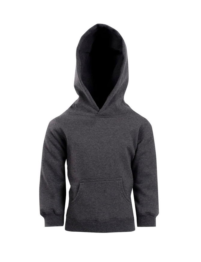 A grey baby fleece hoodie with a front pocket and an adjustable hood.