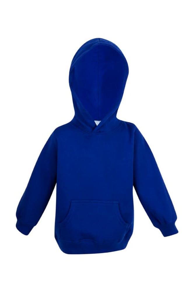 A blue baby fleece hoodie with a front pocket and a hood. The hoodie features long sleeve cuffs and a branding logo.