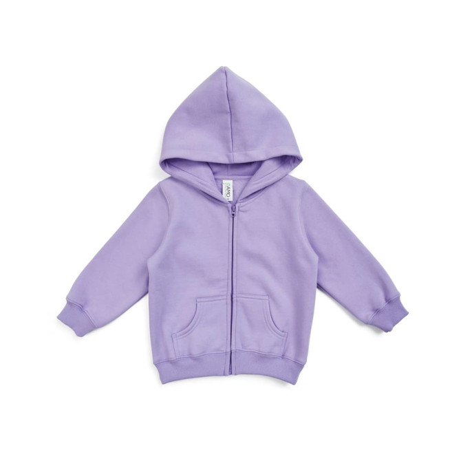 A purple fleece baby zip hoodie featuring a hood and front pockets, with a logo on the label.