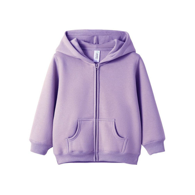 A purple fleece baby zip hoodie featuring a hood and front pockets, with a logo on the label.