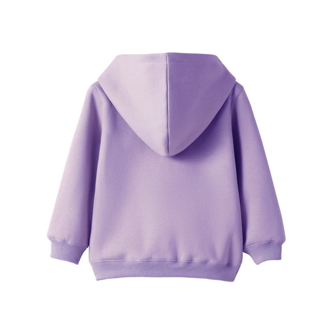 A purple fleece baby zip hoodie featuring a hood and long sleeves, with a logo on the back.