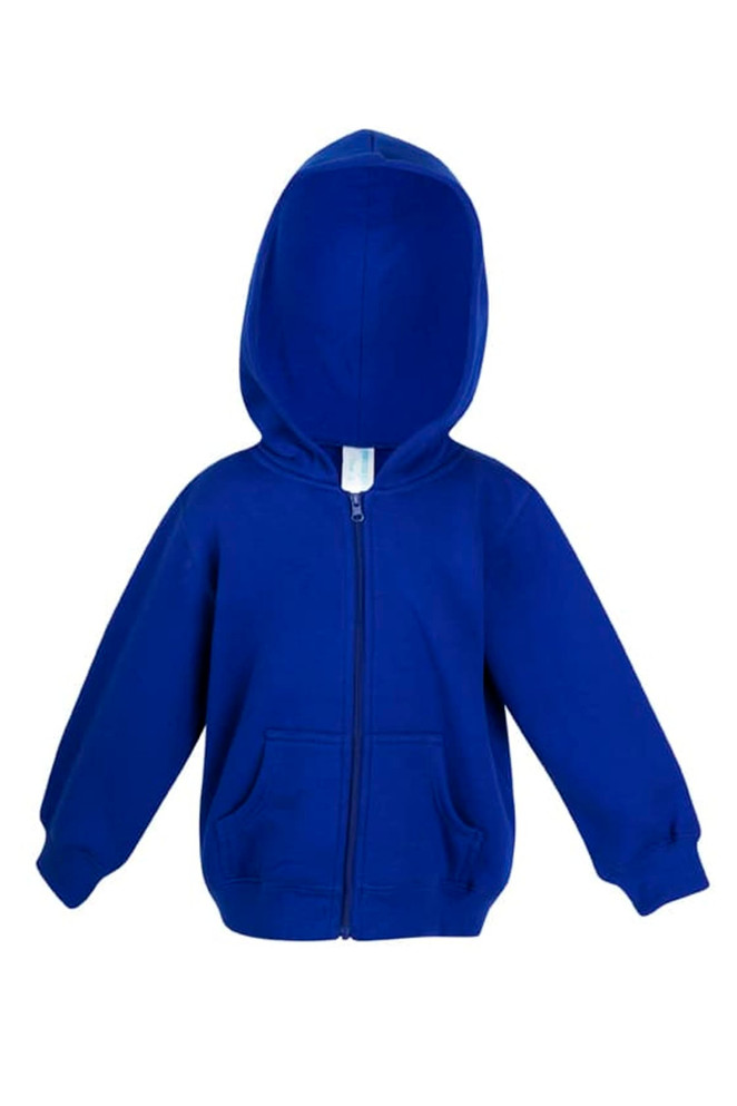 A blue fleece baby zip hoodie featuring a front pocket and a hood. Includes branding on the garment.