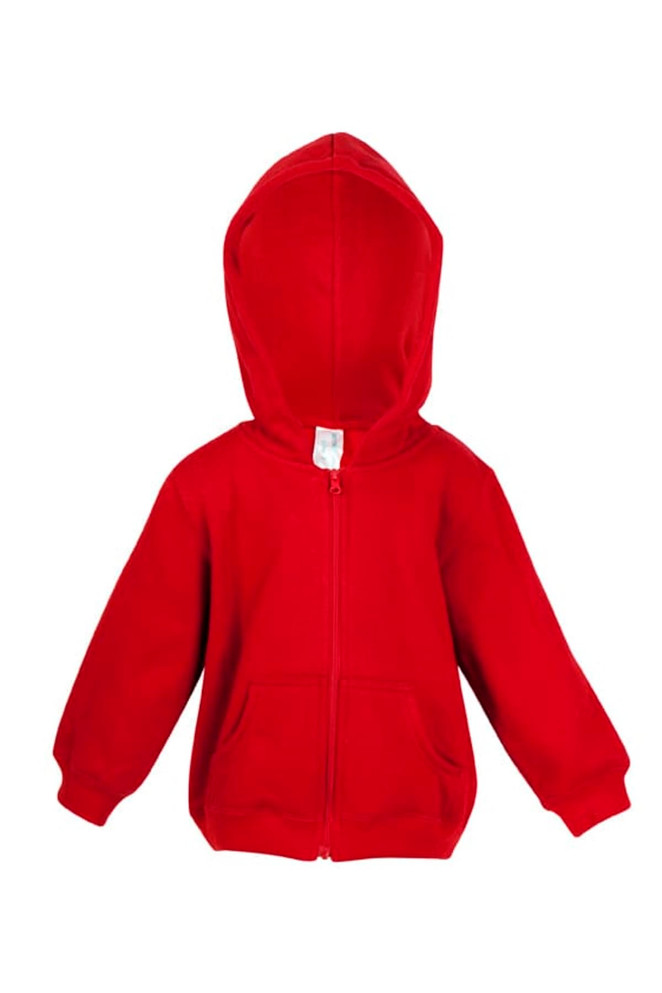A red fleece baby zip hoodie with a front pocket and a hood, featuring long sleeves.