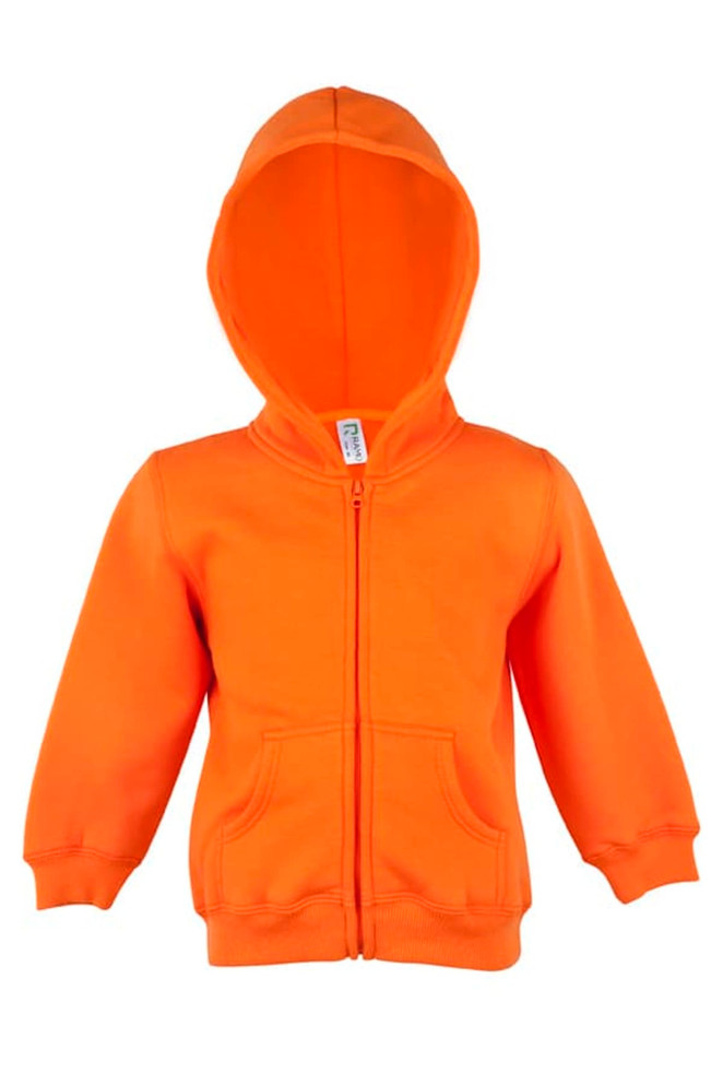 An orange fleece baby zip hoodie with a front zipper and hood. It features two front pockets and has a logo.