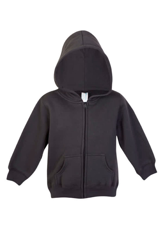 A black fleece baby zip hoodie with a front pocket and a hood, featuring a label inside.