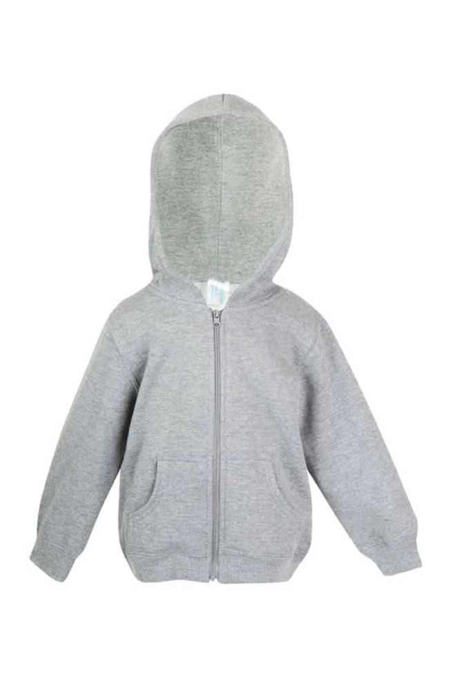 A grey fleece baby zip hoodie with a front zip and pockets, featuring a hood and ribbed cuffs.