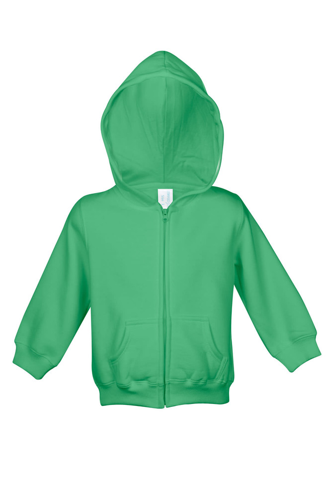 A green fleece baby zip hoodie with a hood and two front pockets, featuring a logo on the label.