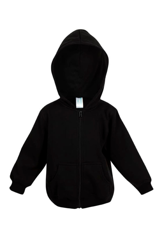 A black fleece baby zip hoodie featuring a hood and two front pockets, with a logo on the label.
