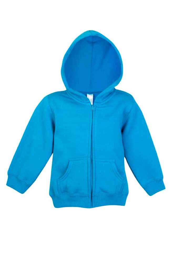 A blue fleece baby zip hoodie with a hood and front pockets, featuring a logo.