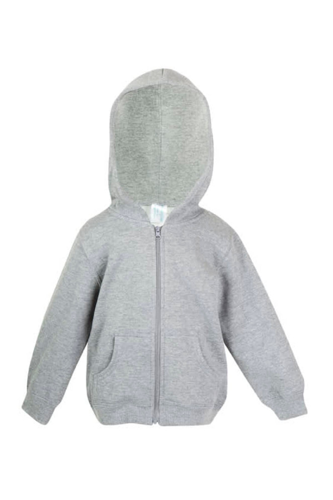 A grey fleece baby zip hoodie with a hood and two front pockets. Features a logo on the label.