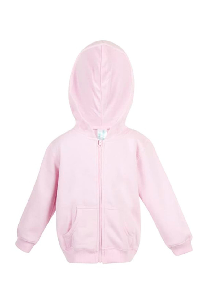 A pink fleece baby zip hoodie with a hood and pockets, featuring a logo on the front.