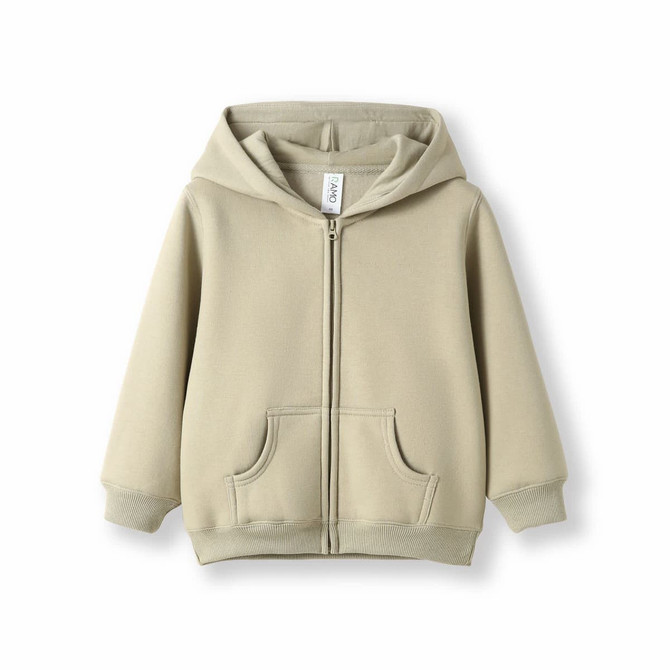 A khaki fleece baby zip hoodie with a front zip and two pockets. It features a hood and has a branding label.