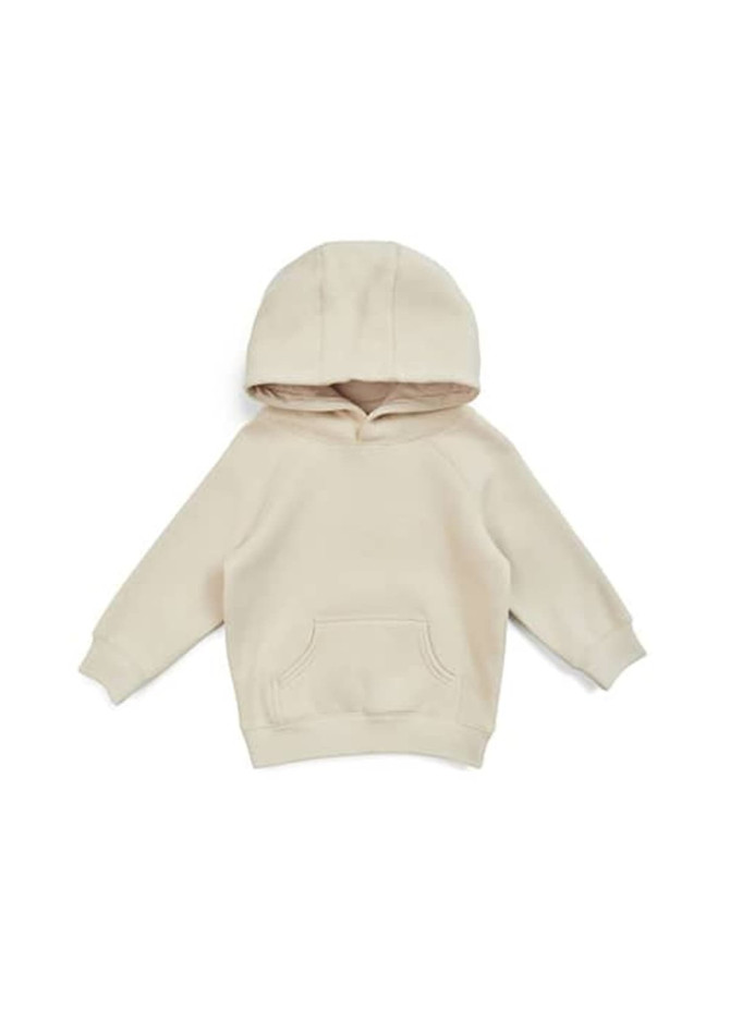 A beige kangaroo pocket hoodie for babies, featuring a hood and long sleeves. It has a logo on it.