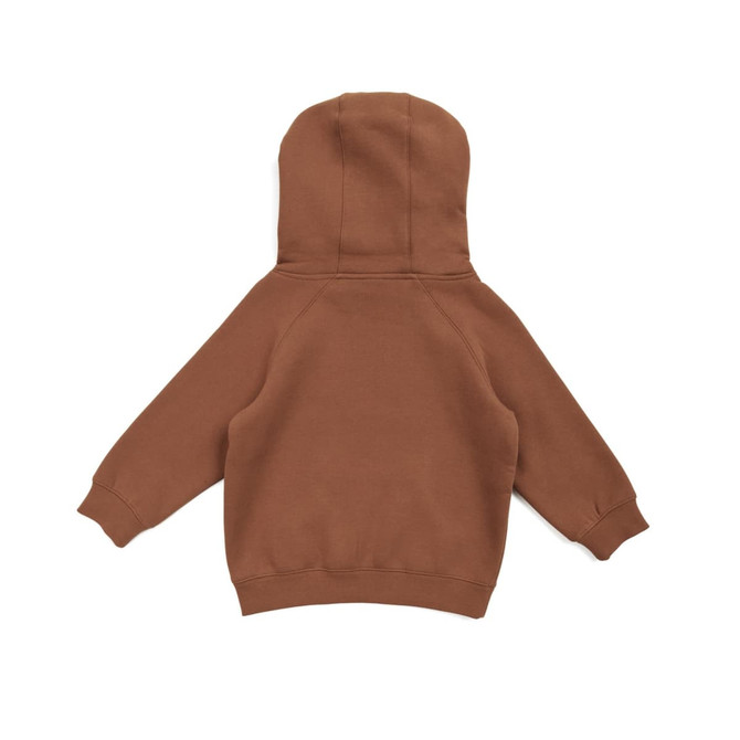 A brown cotton hoodie with a kangaroo pocket and a hood, featuring long sleeves and ribbed cuffs.