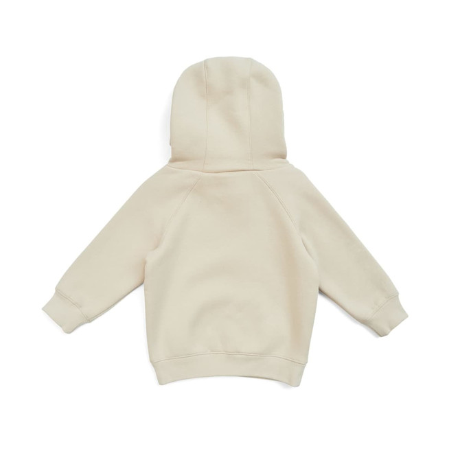 A beige kangaroo pocket hoodie for babies with a hood and long sleeves, featuring a logo.