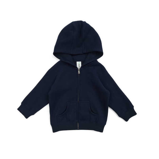A navy blue kangaroo zip pocket hoodie with a hood and front pocket. It features a logo on the label.
