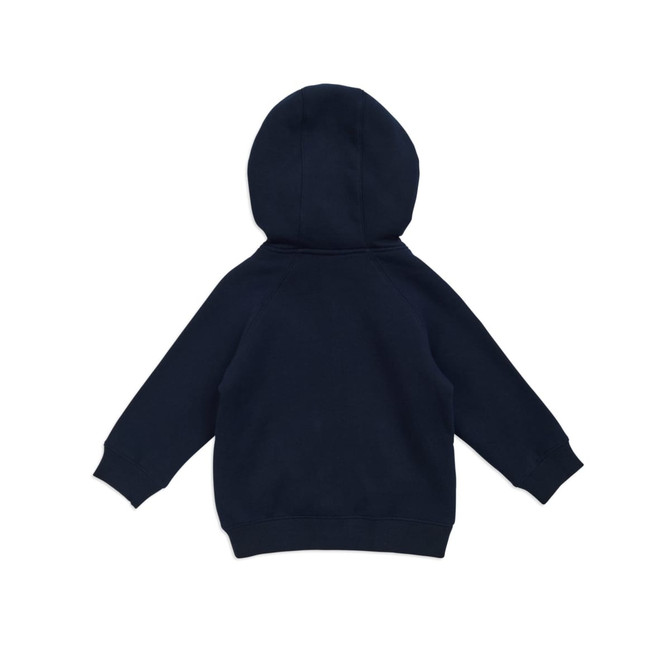 A navy hoodie with a kangaroo zip pocket, featuring a hood and long sleeves. It has a logo on it.