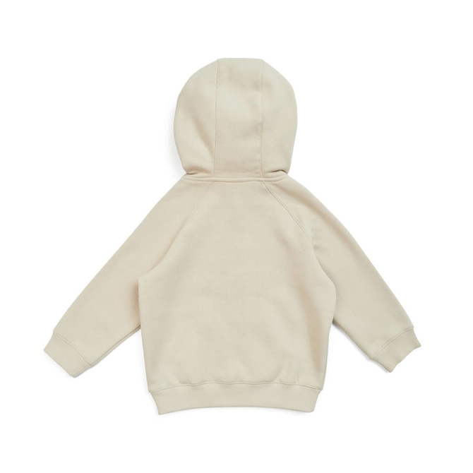 A beige kangaroo zip pocket hoodie featuring a hood and raglan sleeves, with a visible brand logo.