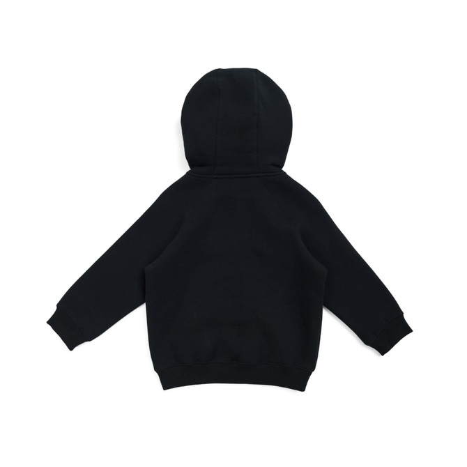 A black kangaroo zip pocket hoodie for babies, featuring a hood and long sleeves. It includes a logo.