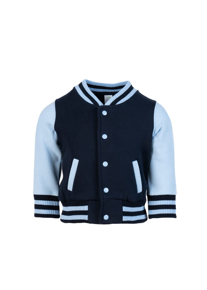 A navy and light blue varsity jacket for babies featuring contrasting sleeves and striped cuffs.