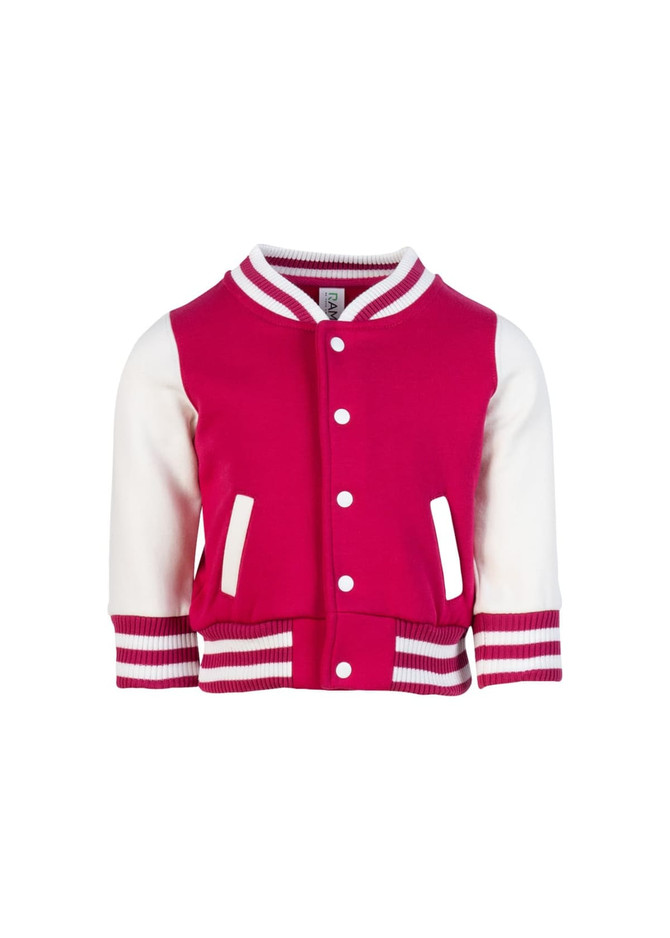 A pink and white babies varsity jacket with striped ribbing and a front button closure. It features a logo.
