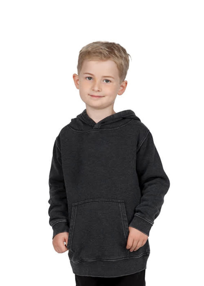 A child's stone wash fleece hoodie in dark grey, featuring a front pocket and a hood. It has a small logo on it.